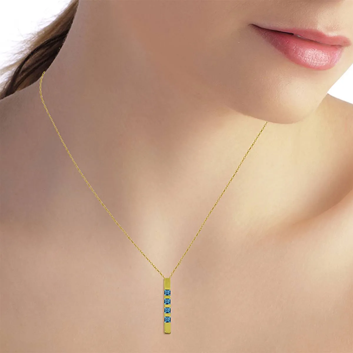 0.35 Carat 14K Solid Yellow Gold Necklace Bar Natural Blue Topaz