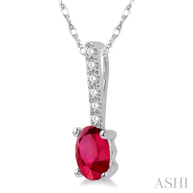 1/20 Ctw Round Cut Diamond and Oval Cut 6x4mm Ruby Precious Pendant in 10K White Gold with chain