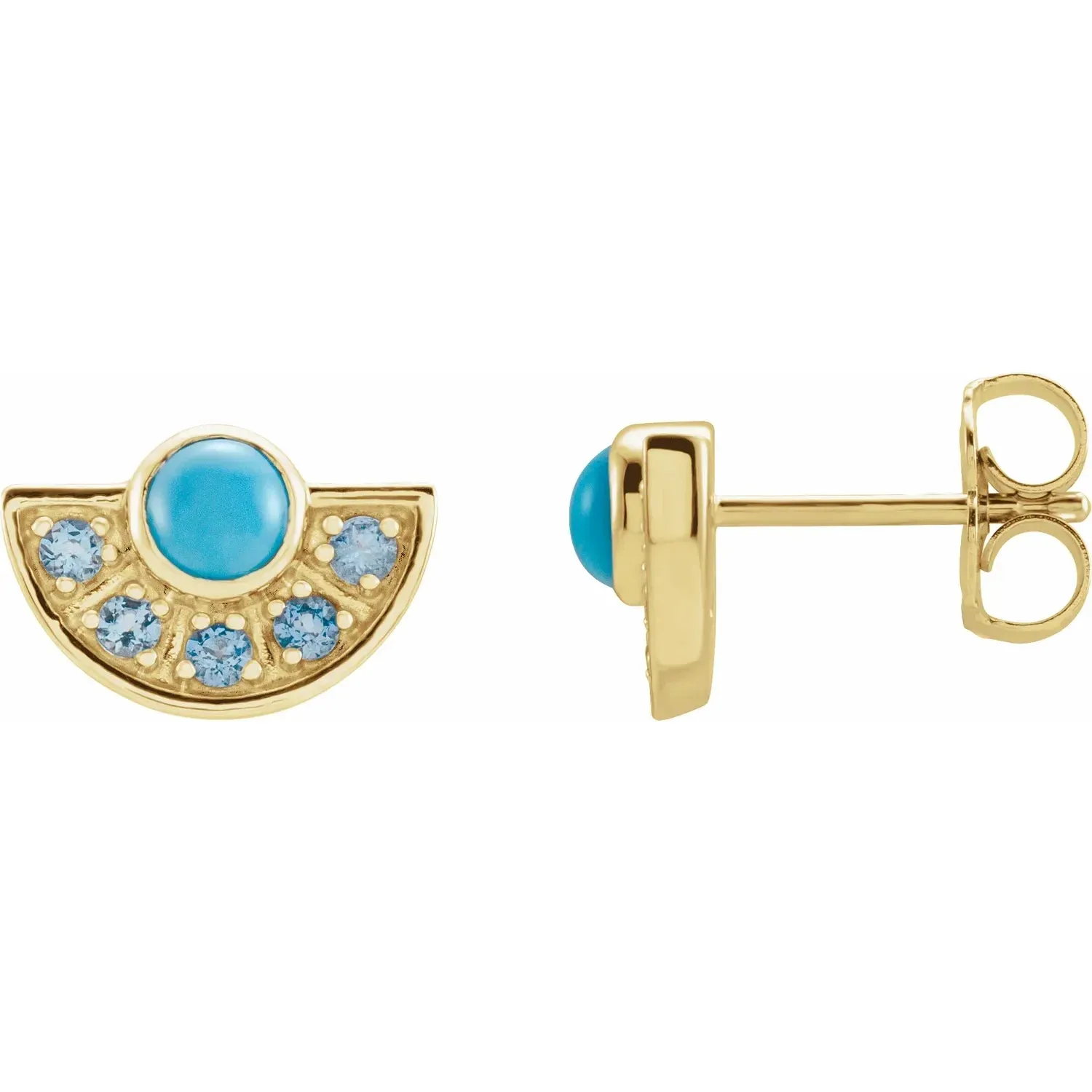 14K Gold Natural Turquoise & Natural Aquamarine Fan Earrings