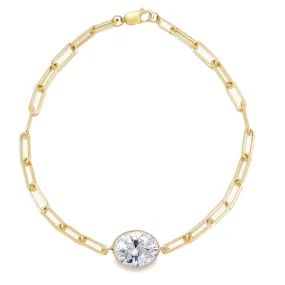 14K Gold White Topaz Oval Gemstone Paper Clip Bracelet