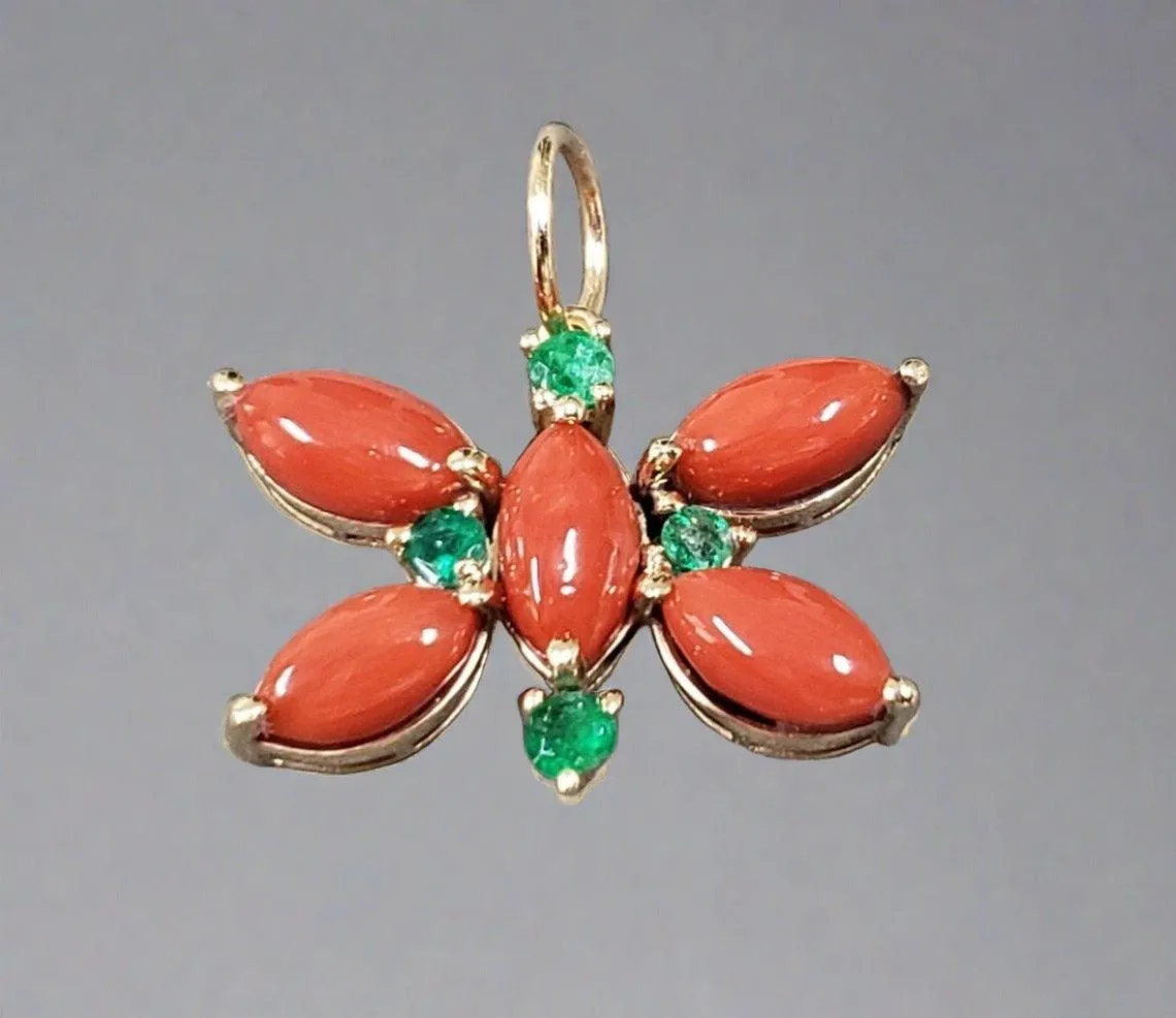 14K Real Gold Coral Pendant in Butterfly Shape