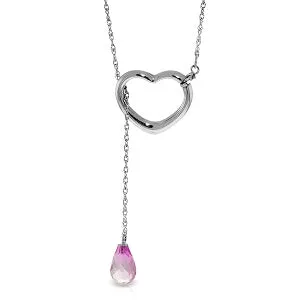 14K Solid White Gold Heart Necklace w/ Drop Briolette Natural Pink Topaz