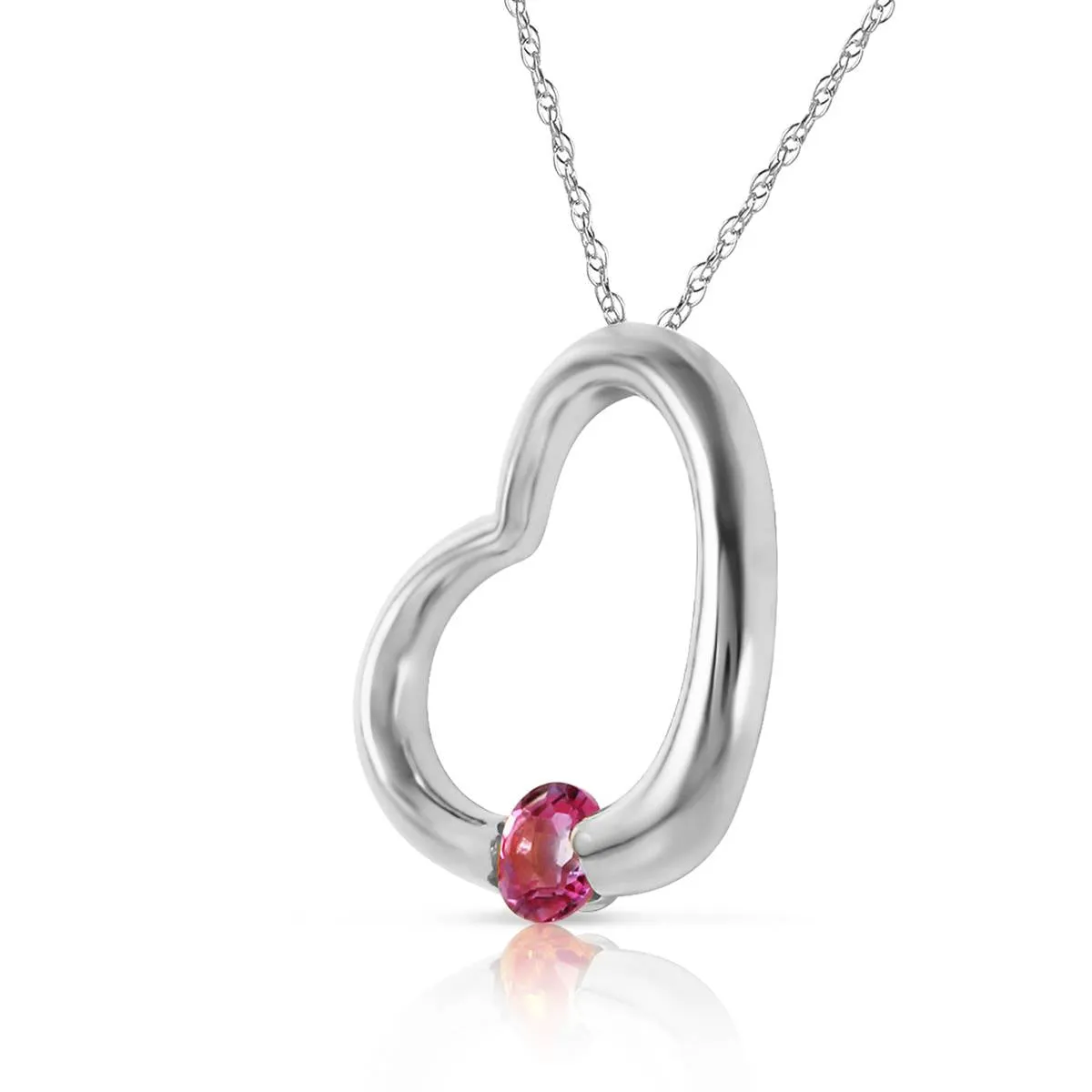 14K Solid White Gold Heart Necklace w/ Natural Pink Topaz