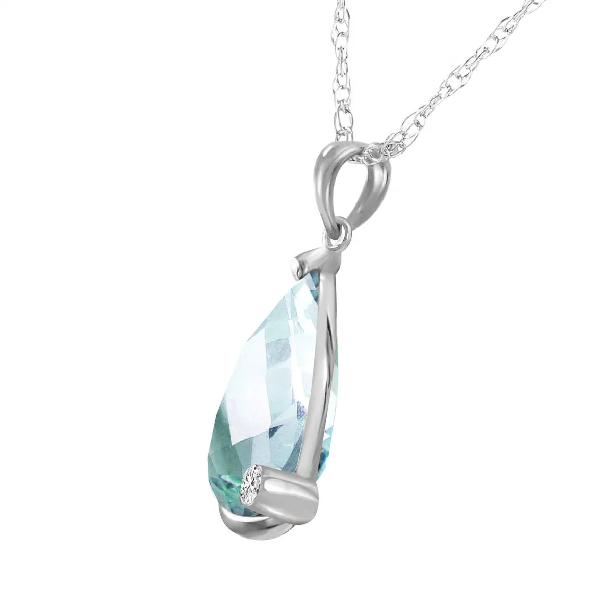 14K Solid White Gold Necklace w/ Briolette Checkerboard Cut Blue Topaz & Diamond