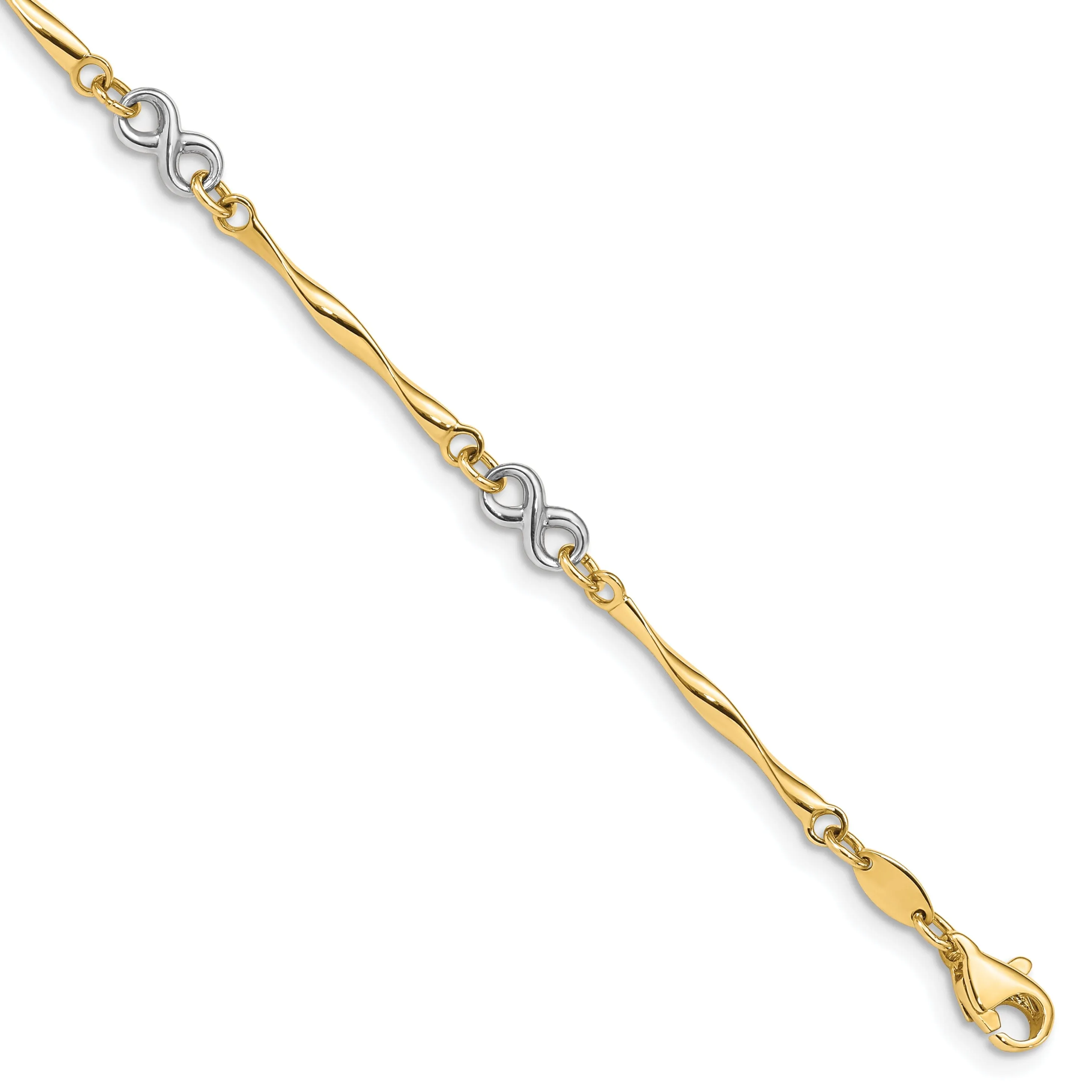 14k two-tone gold bracelet tubing 3D infinity design. 7.5-inch