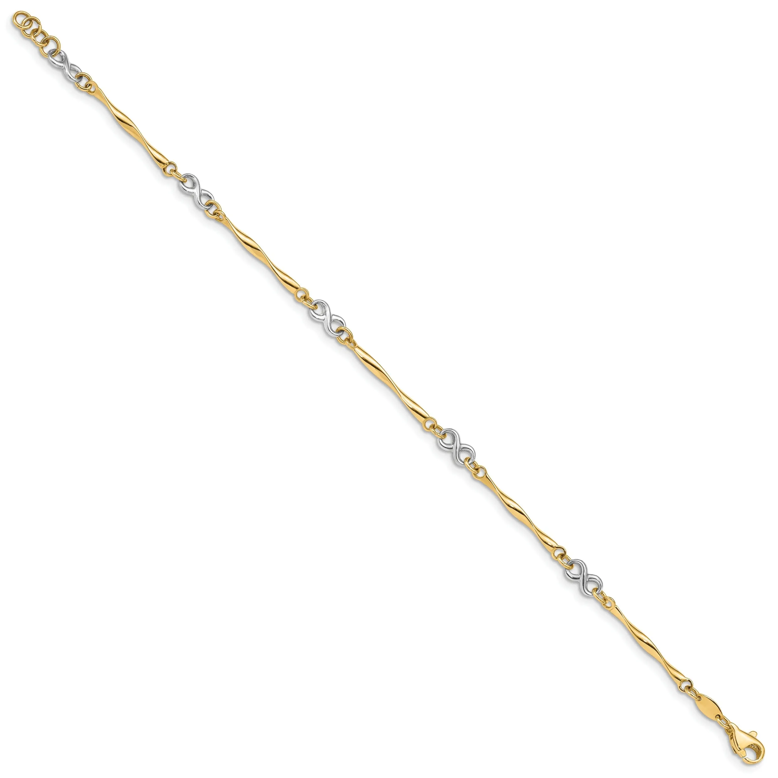 14k two-tone gold bracelet tubing 3D infinity design. 7.5-inch