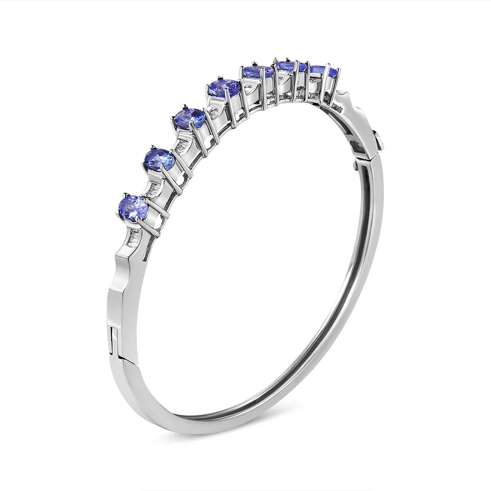 14K White Gold 5 MM Oval Blue Tanzanite and 1/4 Cttw Diamond Bangle