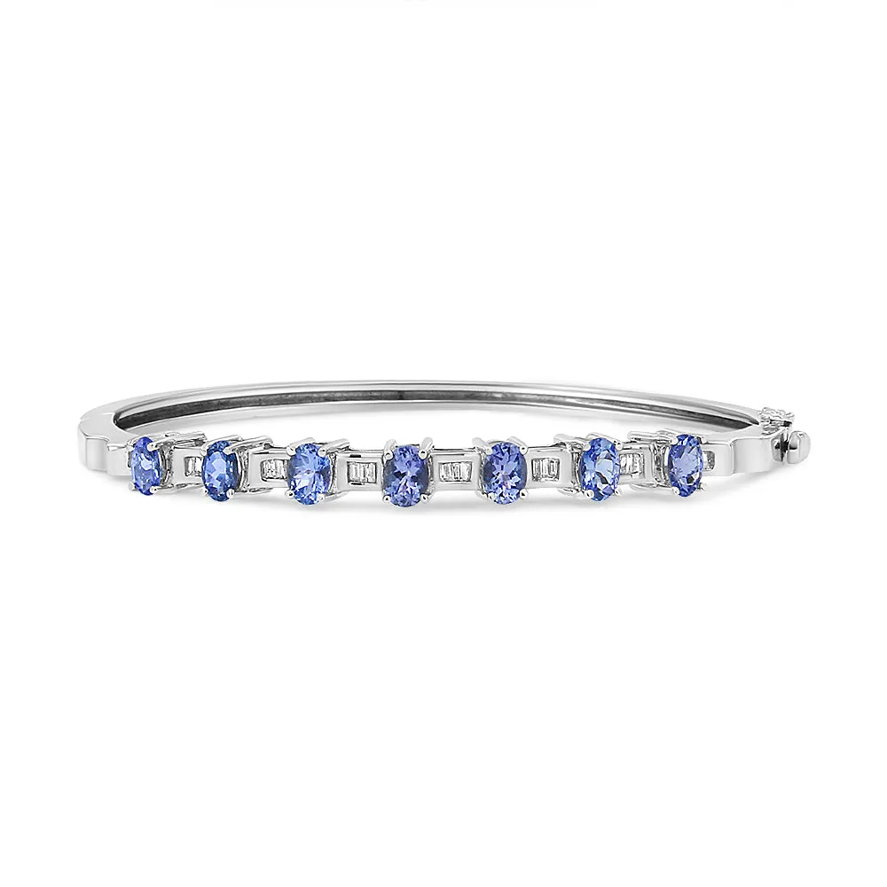 14K White Gold 5 MM Oval Blue Tanzanite and 1/4 Cttw Diamond Bangle