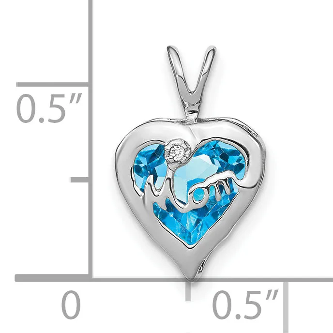 14k White Gold Blue Topaz and Diamond MOM Heart Pendant