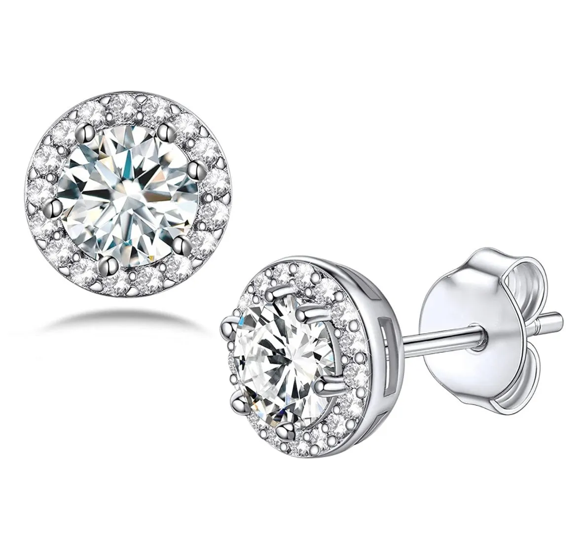 14K White Gold Flashed Birthstone Gemstone CZ Halo Studs Earrings