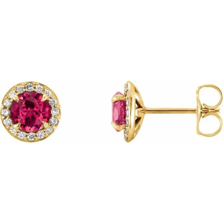 14K Yellow 4.5 mm Lab-Grown Ruby & 1/6 CTW Natural Diamond Earrings