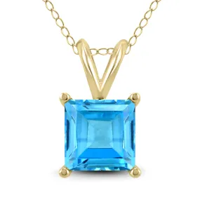 14K Yellow Gold 6Mm Square Blue Topaz Pendant