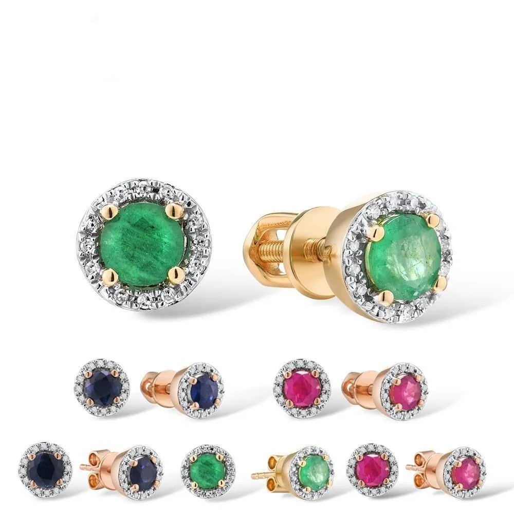 14K Yellow, Rose, Gold Round Gemstone Earring with natural Emerald, Blue Sapphire or Ruby Stud Earrings Fine Jewelry For Women Genuine.