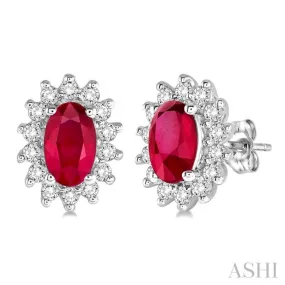 1/5 Ctw Round Cut Diamond and Oval Cut 5x3 MM Ruby Center Sunflower Precious Earrings in 10K White Gold