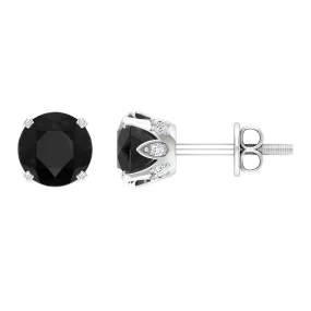 1.75 CT Black Onyx Solitaire Stud Earrings with Diamond Accent