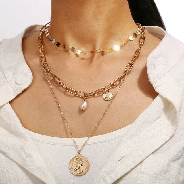 17KM Vintage Pearl Necklaces For Women Fashion Multi-layer Shell Knot Pearl Chain Necklace 2020 NEW Coin Cross Choker Jewelry