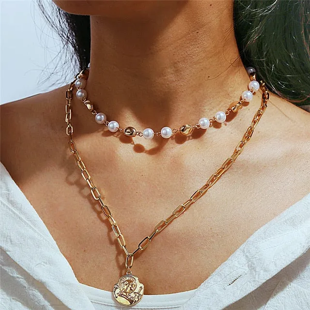 17KM Vintage Pearl Necklaces For Women Fashion Multi-layer Shell Knot Pearl Chain Necklace 2020 NEW Coin Cross Choker Jewelry