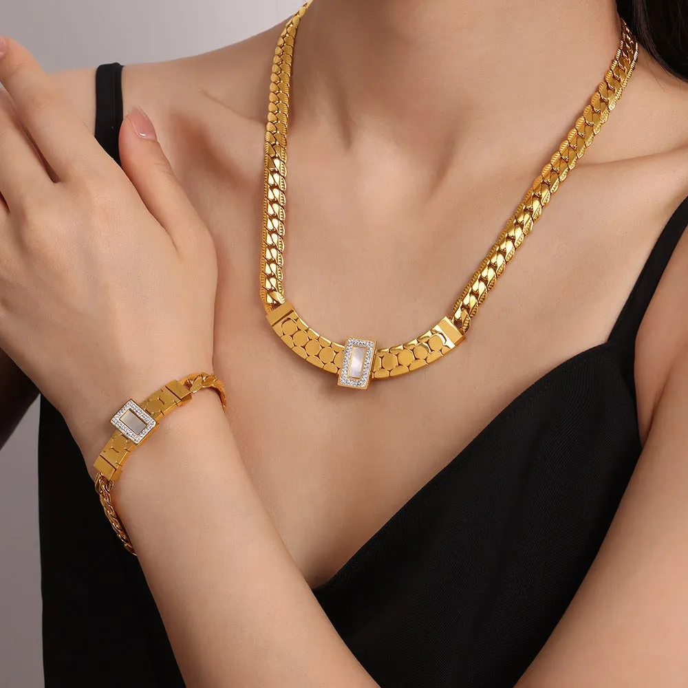 18K gold exquisite light luxury geometric inlaid zircon and gemstone design versatile bracelet necklace set