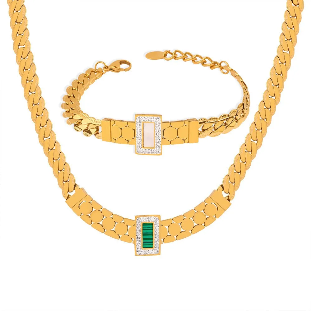 18K gold exquisite light luxury geometric inlaid zircon and gemstone design versatile bracelet necklace set