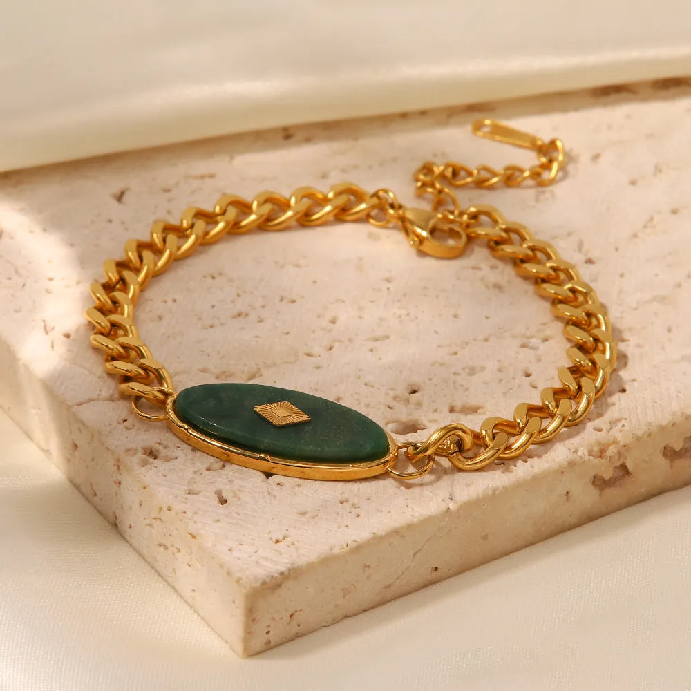 18K Gold Retro Simple Inlaid African Jade Design Versatile Bracelet