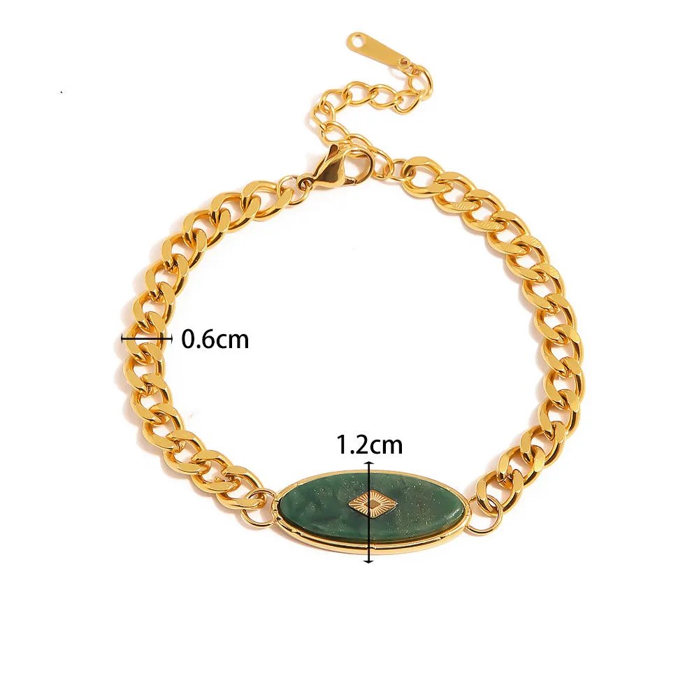 18K Gold Retro Simple Inlaid African Jade Design Versatile Bracelet