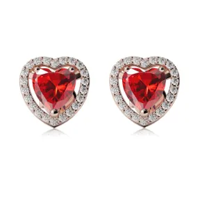 18k Rose Gold Plated 1 Ct Created Halo Heart Ruby Stud Earrings