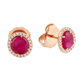 18k Rose Gold Prong Ruby July Birthstone Pave Diamond Halo Stud Earrings