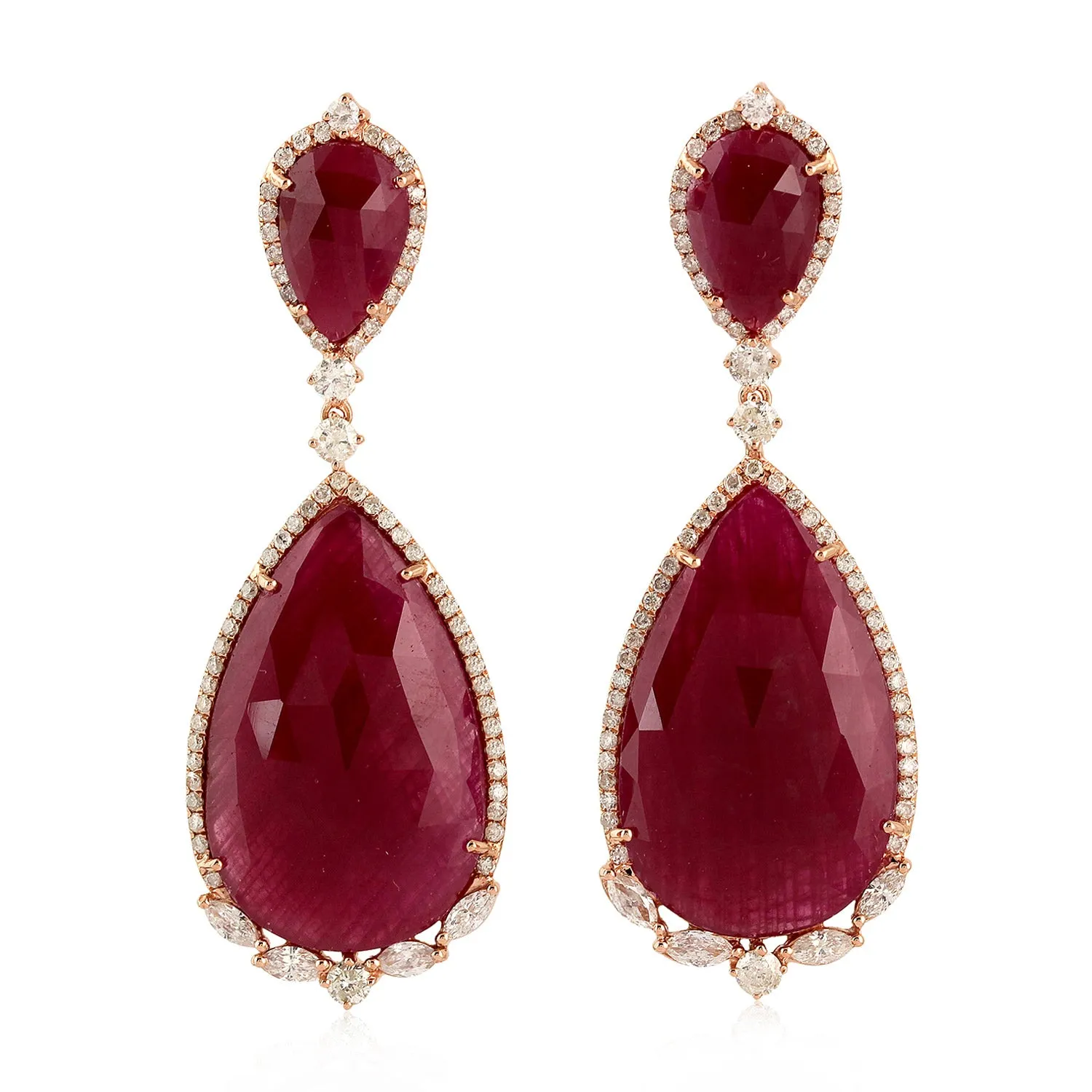 18K Solid Rose Gold Pear Cut Ruby Beautiful Dangler Natural Rose Cut Diamond Jewelry Gifts