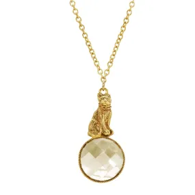 1928 Jewelry Sitting Cat On Round Light Topaz Stone Pendant Necklace 28"