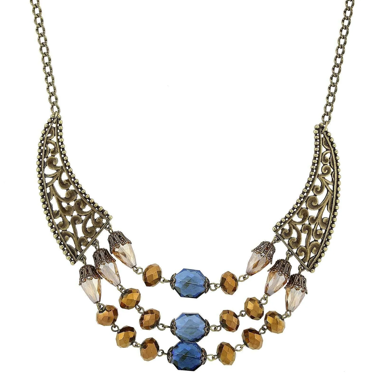 2028 Jewelry Burnished Brass Bronze Blue Light Topaz Bib Necklace 16"   3" Extender