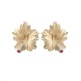 20mm 14k Hibiscus Earring with 6 diamonds and 2 rubies