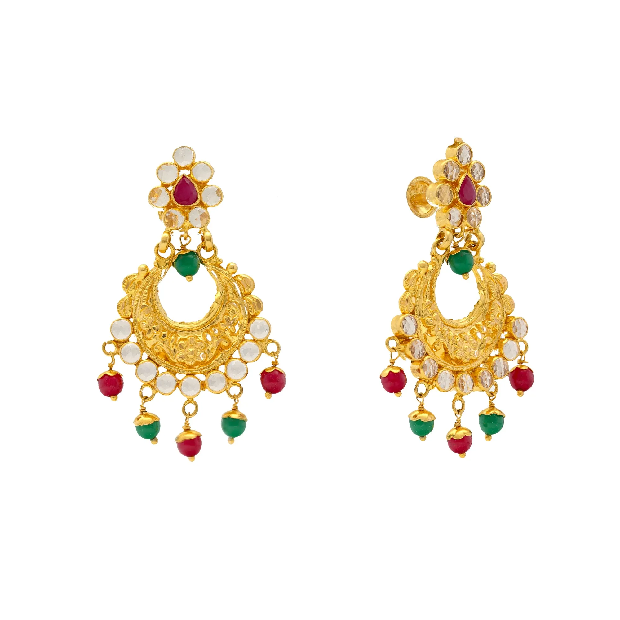 22K Yellow Gold Chandbali Earrings w/ Gems & Pearls (10.2gm)