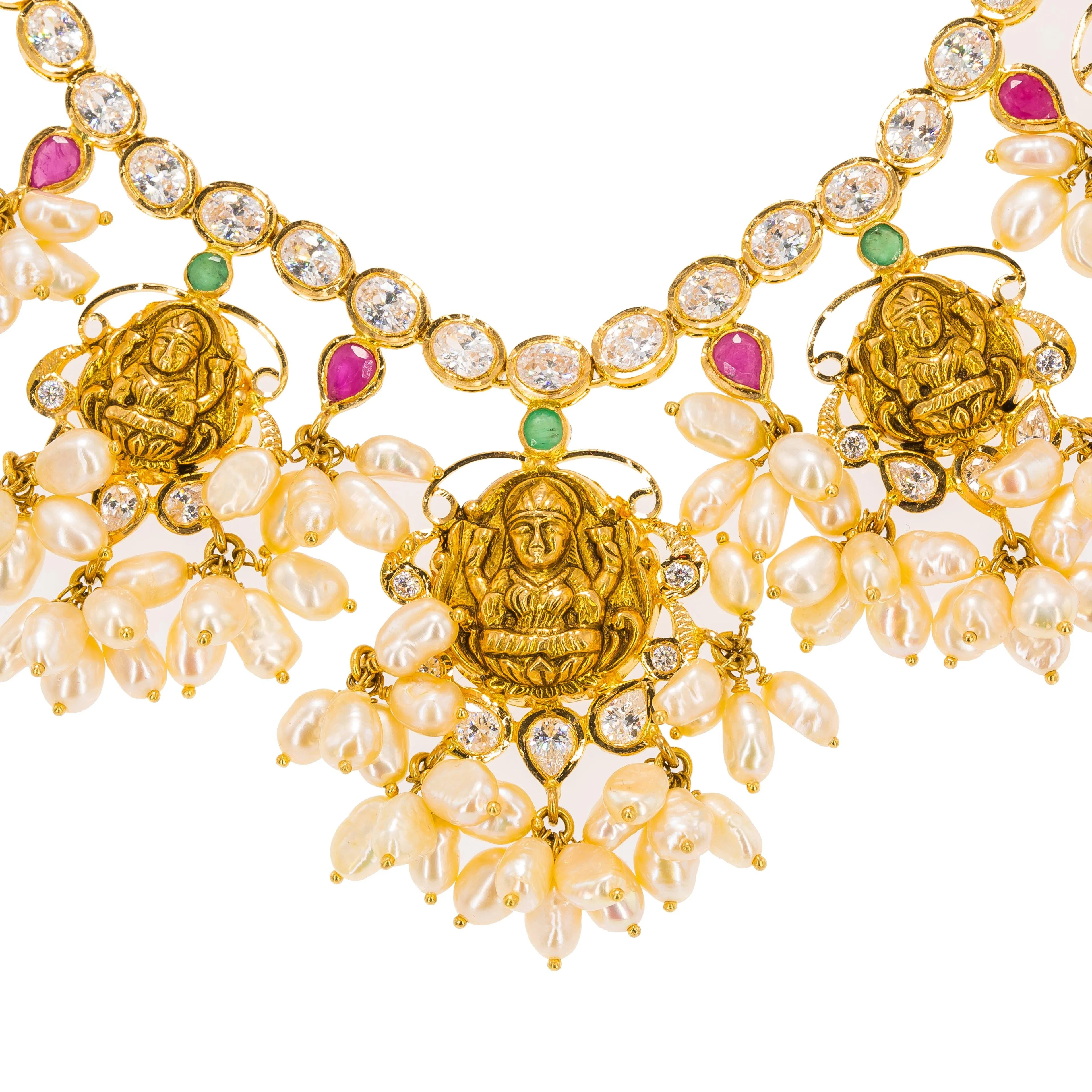 22K Yellow Gold Guttapusalu Necklace & Earrings Set W/ Rubies, Emeralds, CZ Gems, Cluster Pearls & Laxmi Accents