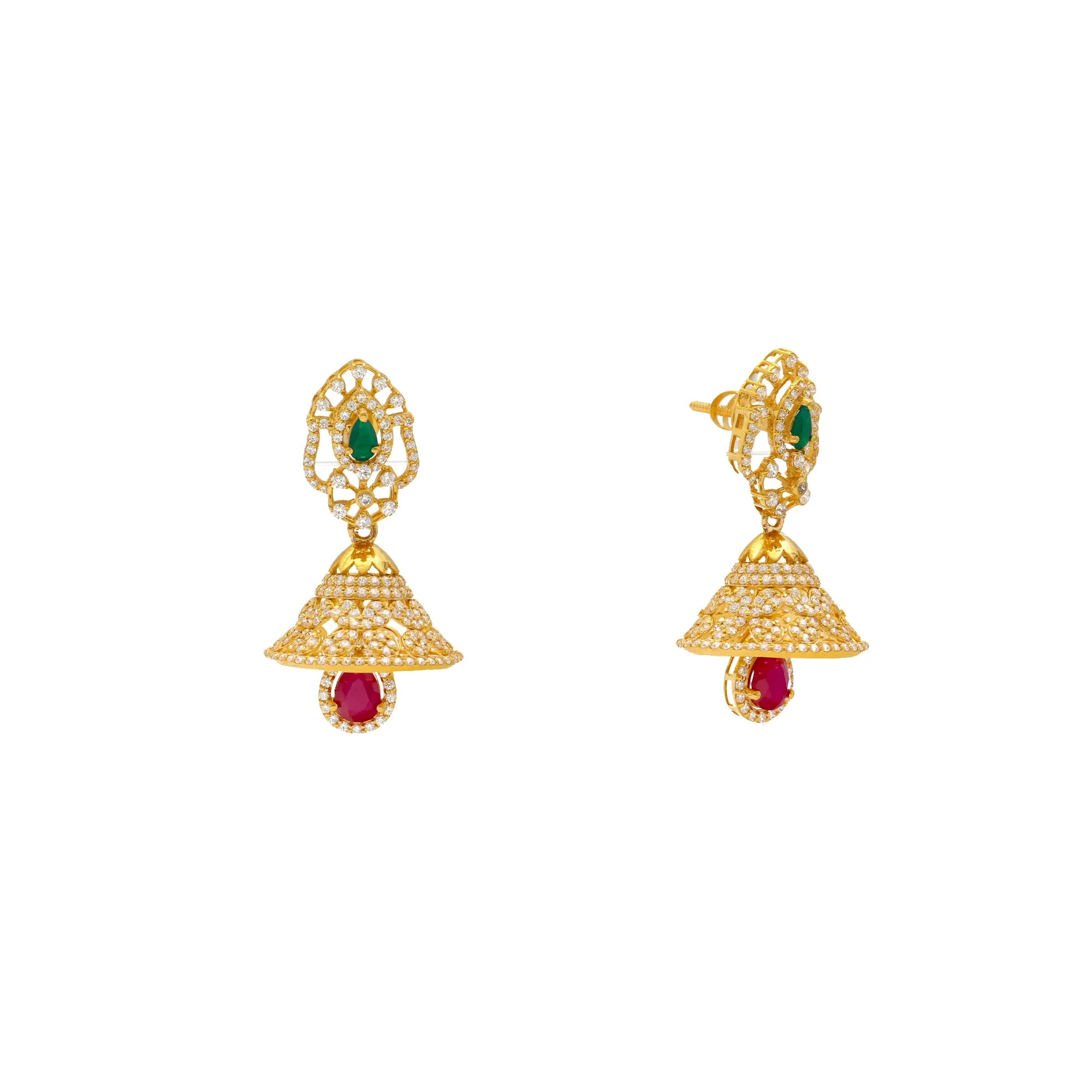 22K Yellow Gold, Ruby, Emerald & CZ Jhumka Earrings (19.9gm)