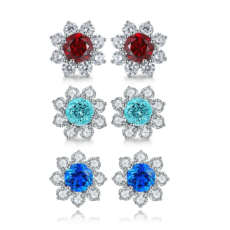 2.95 Carat Round Lab Created Colored Gemstone Sunflower Stud Earrings in S925 Silver-Plated Platinum