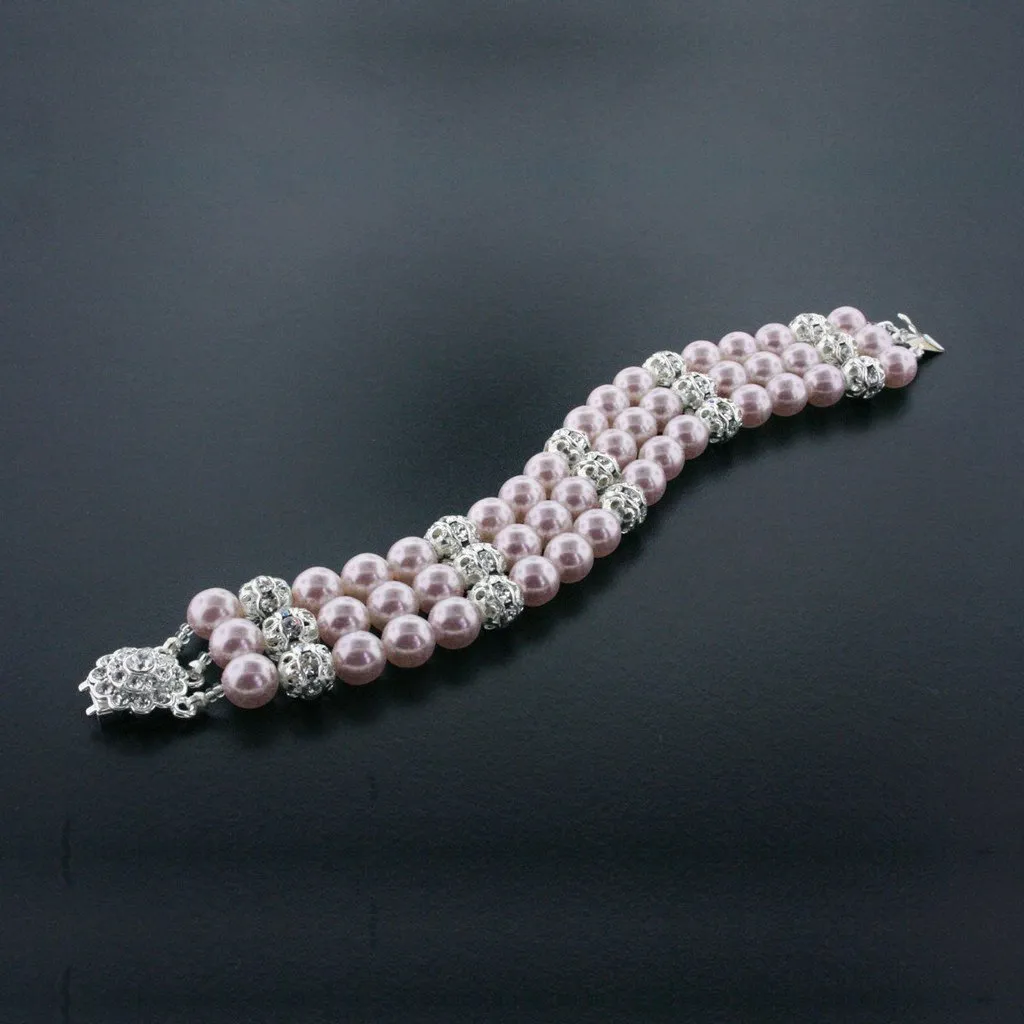 3 Row Pearl Bracelet with Crystal Accents