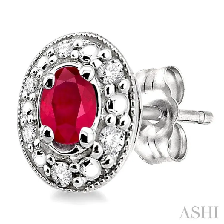 4x3mm Oval Shaped Ruby and 1/10 Ctw Single Cut Diamond Earrings in 14K White Gold