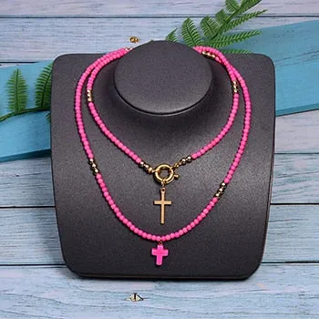 85 cm long women's cross pendant necklace fashion color beads boho double statement women's necklace direct sales