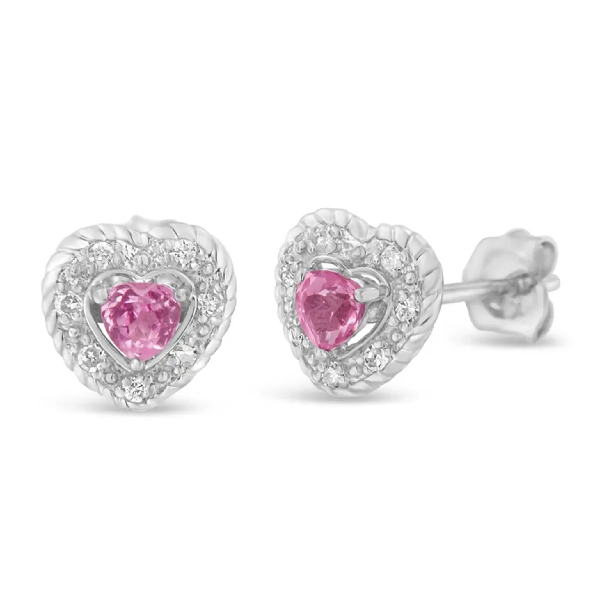 .925 Sterling Silver, Created Pink Sapphire, & Diamond-Accented 5/8" Heart-Shaped Rope Stud Earrings (I-J Color, I2-I3 Clarity)