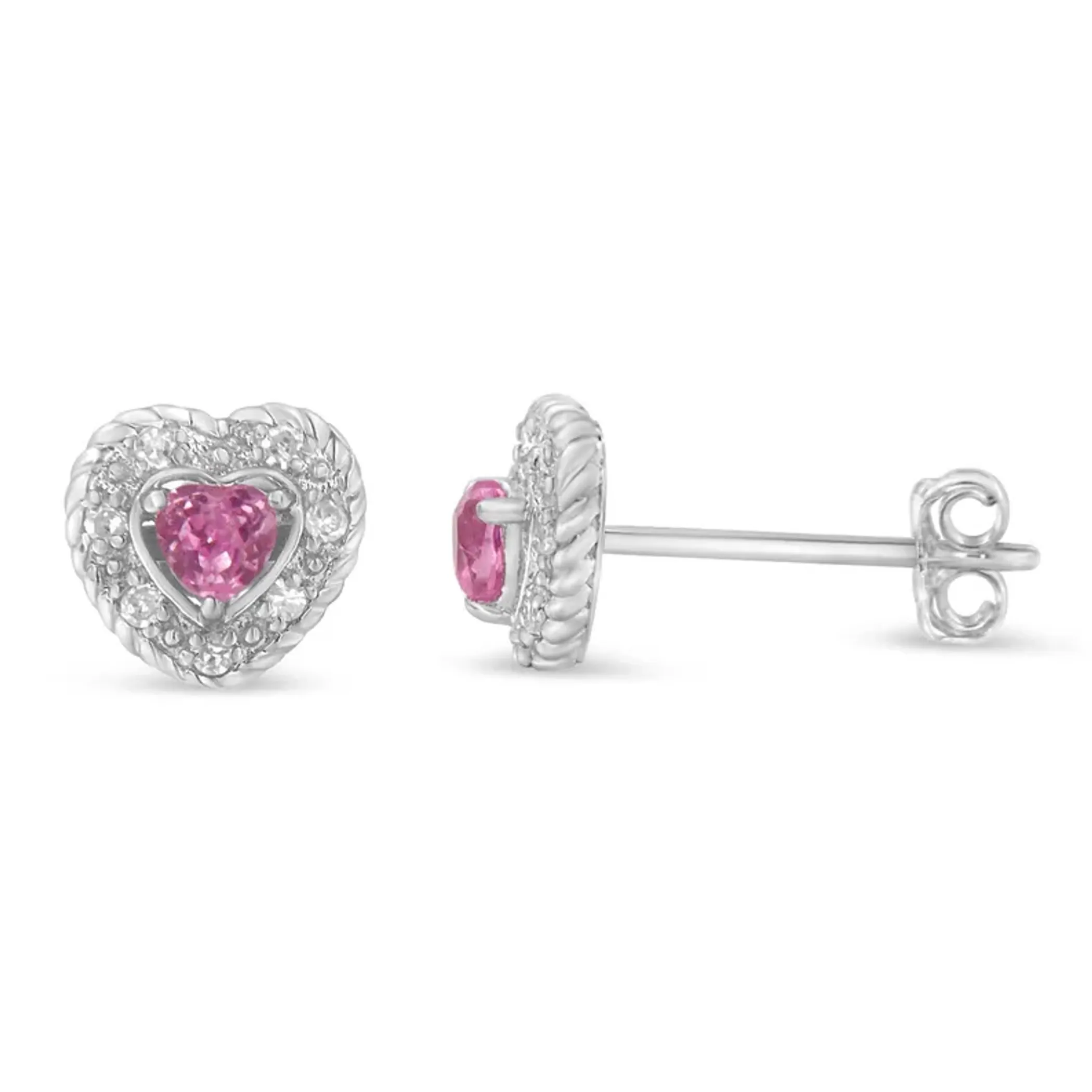 .925 Sterling Silver, Created Pink Sapphire, & Diamond-Accented 5/8" Heart-Shaped Rope Stud Earrings (I-J Color, I2-I3 Clarity)