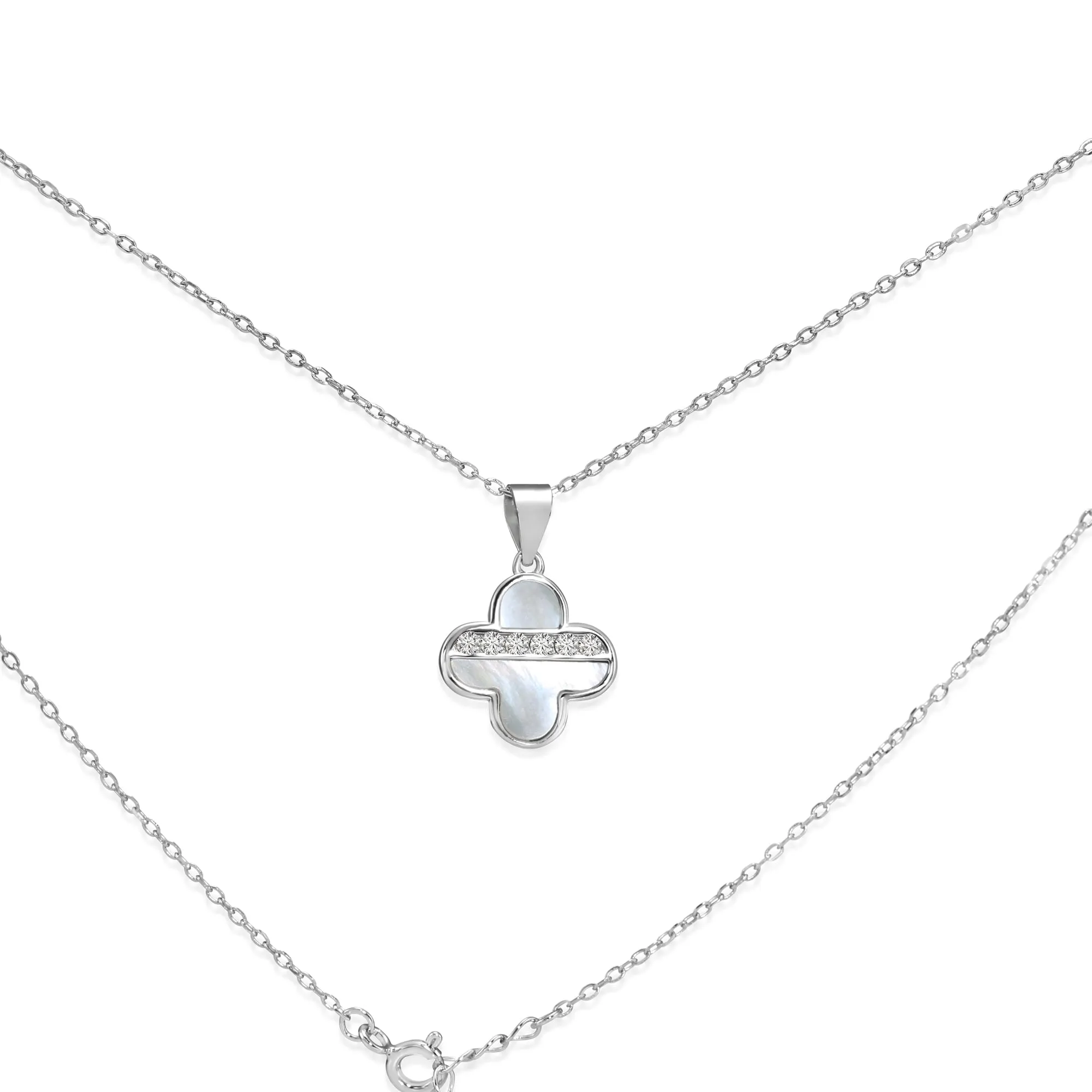 925 Sterling Silver Four Leaf Clover, Mother Of Pearl Design, With CZ Stones, Adjustable Necklace 18"-20"