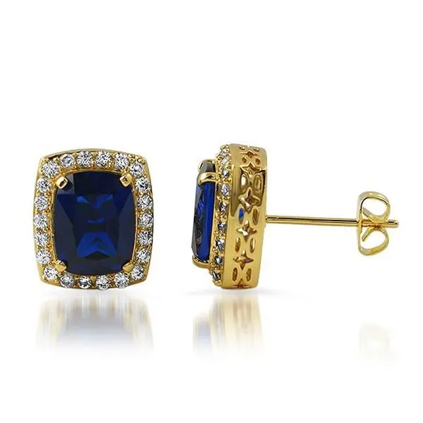 .925 Sterling Silver Gold Lab Sapphire Blue Gem Earrings