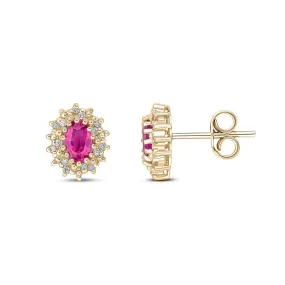 9ct Yellow Gold Ruby And Diamond Claw Set Stud Earrings