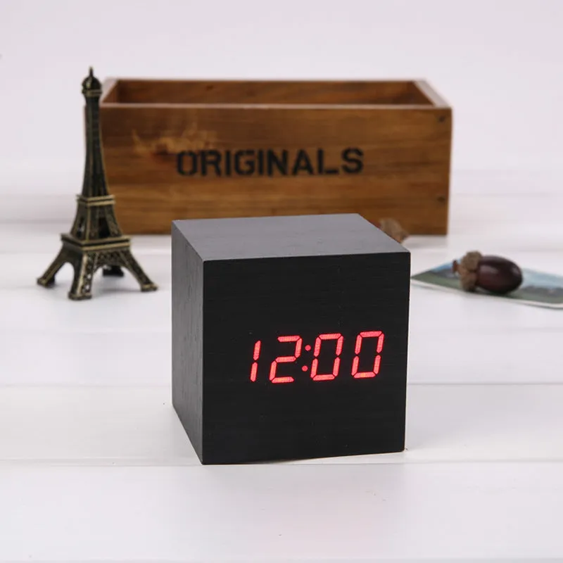 Alarm Clock LED Wooden Watch Table Voice Control Digital USB/AAA Powered Desktop Clocks