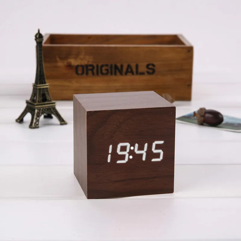 Alarm Clock LED Wooden Watch Table Voice Control Digital USB/AAA Powered Desktop Clocks