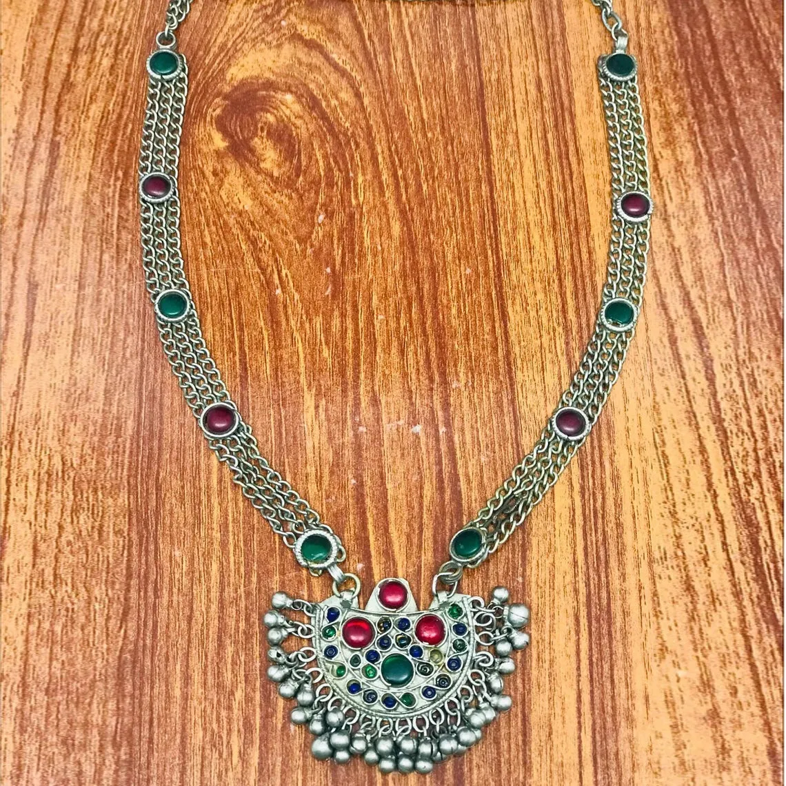 Antique Pendant Necklace Inlaid With Red and Green Glass Stones