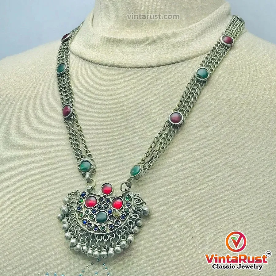 Antique Pendant Necklace Inlaid With Red and Green Glass Stones