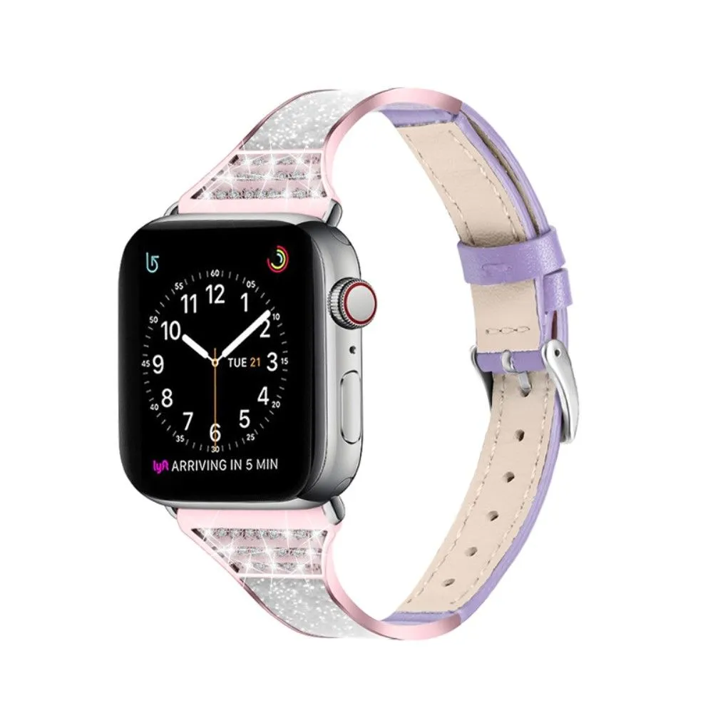 Apple Watch (45mm) rhinestone décor genuine leather watch strap - Purple