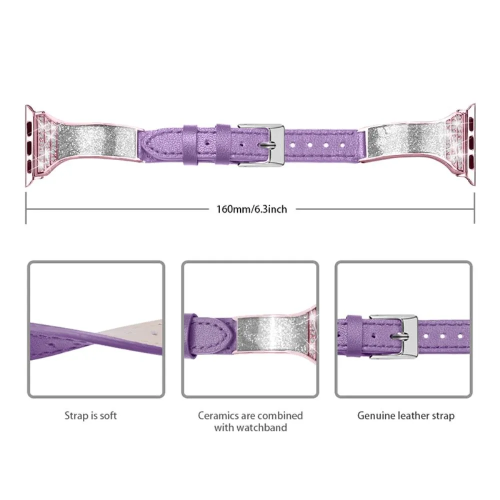 Apple Watch (45mm) rhinestone décor genuine leather watch strap - Purple