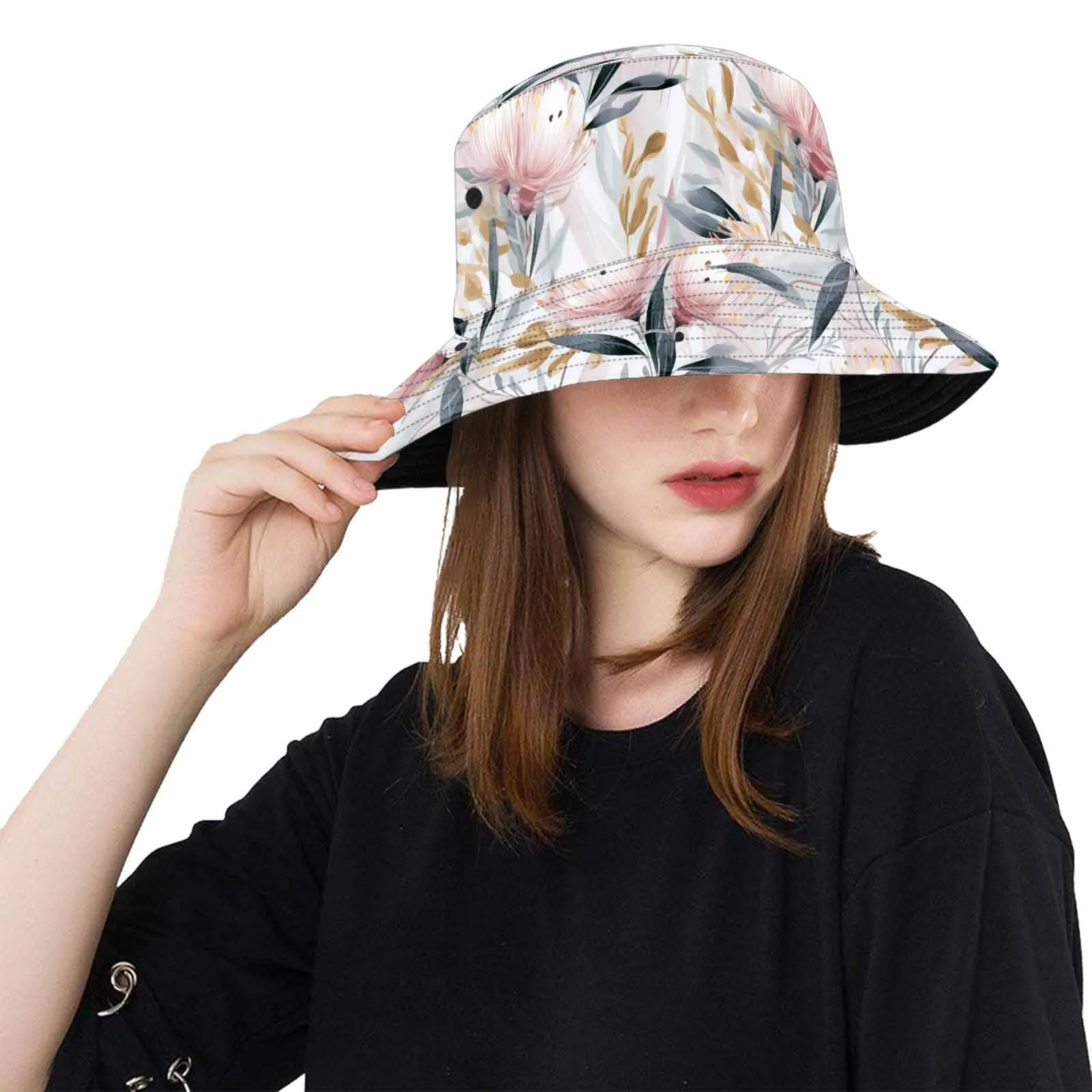 Australian Floral Pink & Grey  Unisex Summer Single-Layer Bucket Hat